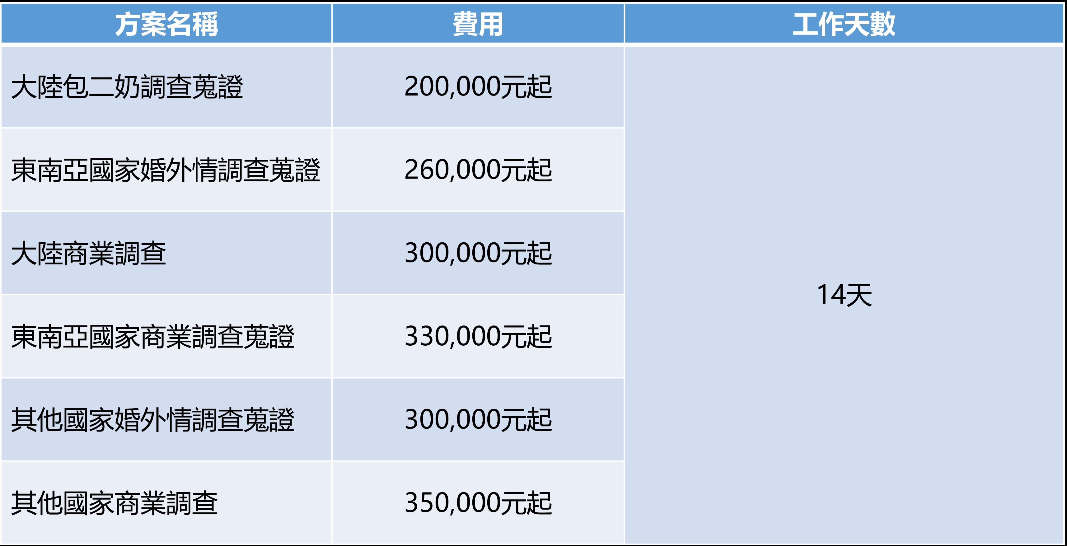 國外調查專案費用